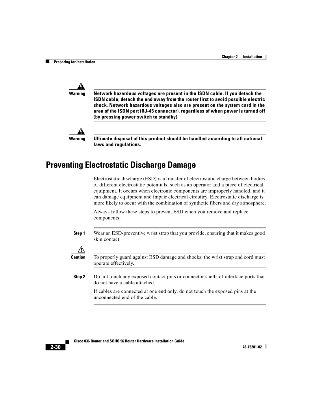 Cisco Systems 96 manual Preventing Electrostatic Discharge Damage 