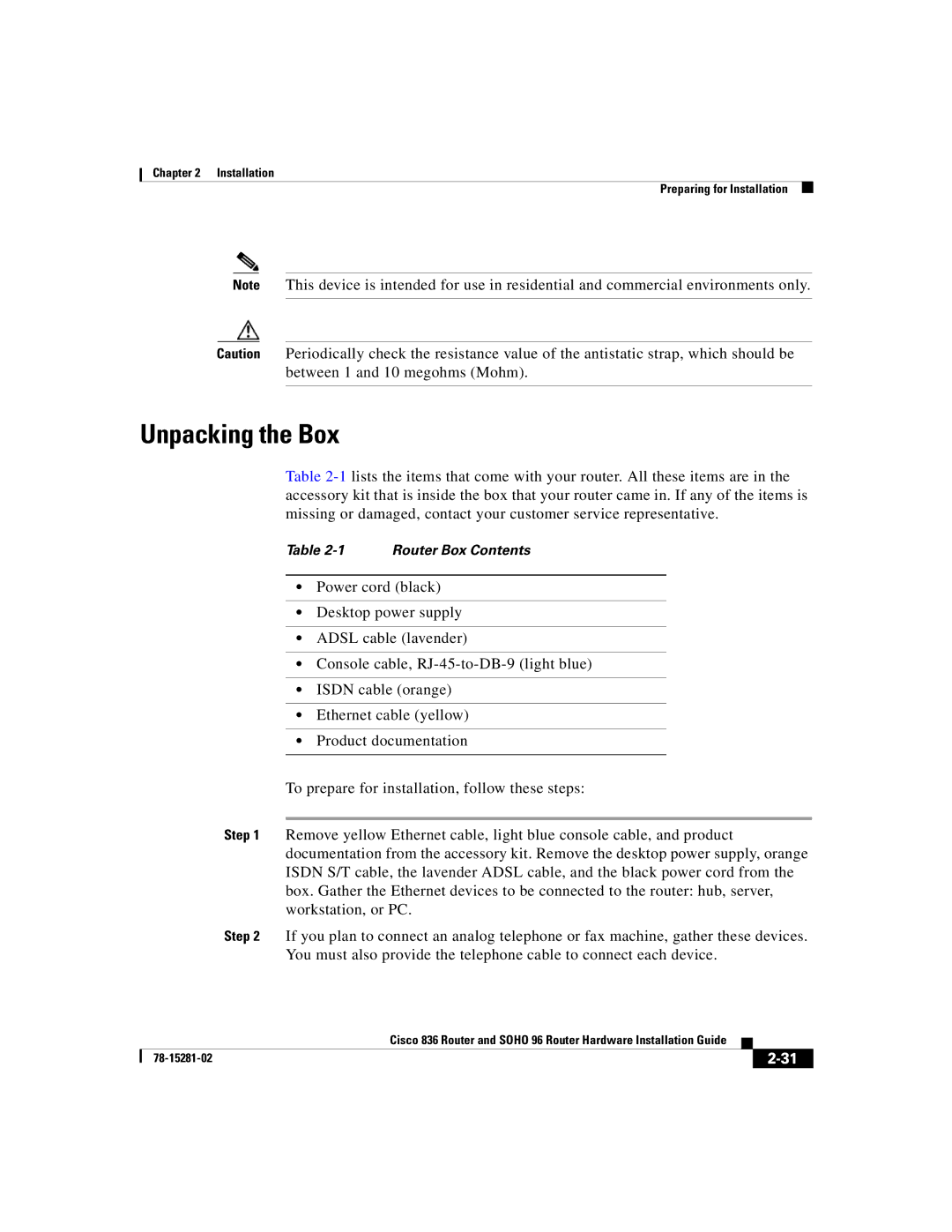 Cisco Systems 96 manual Unpacking the Box 