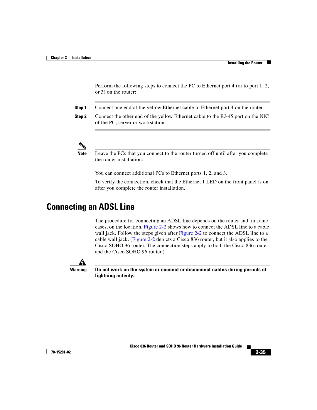 Cisco Systems 96 manual Connecting an Adsl Line 