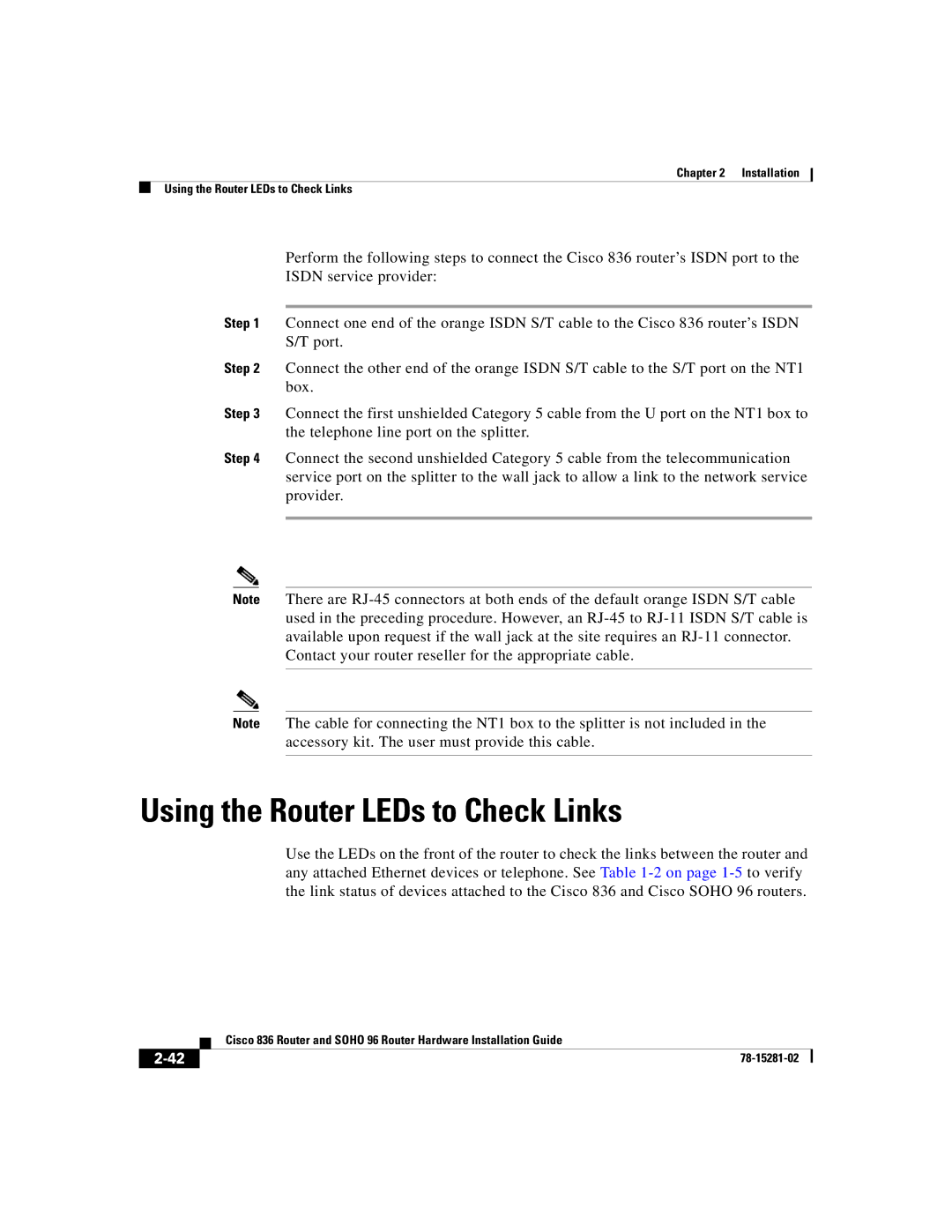 Cisco Systems 96 manual Using the Router LEDs to Check Links 