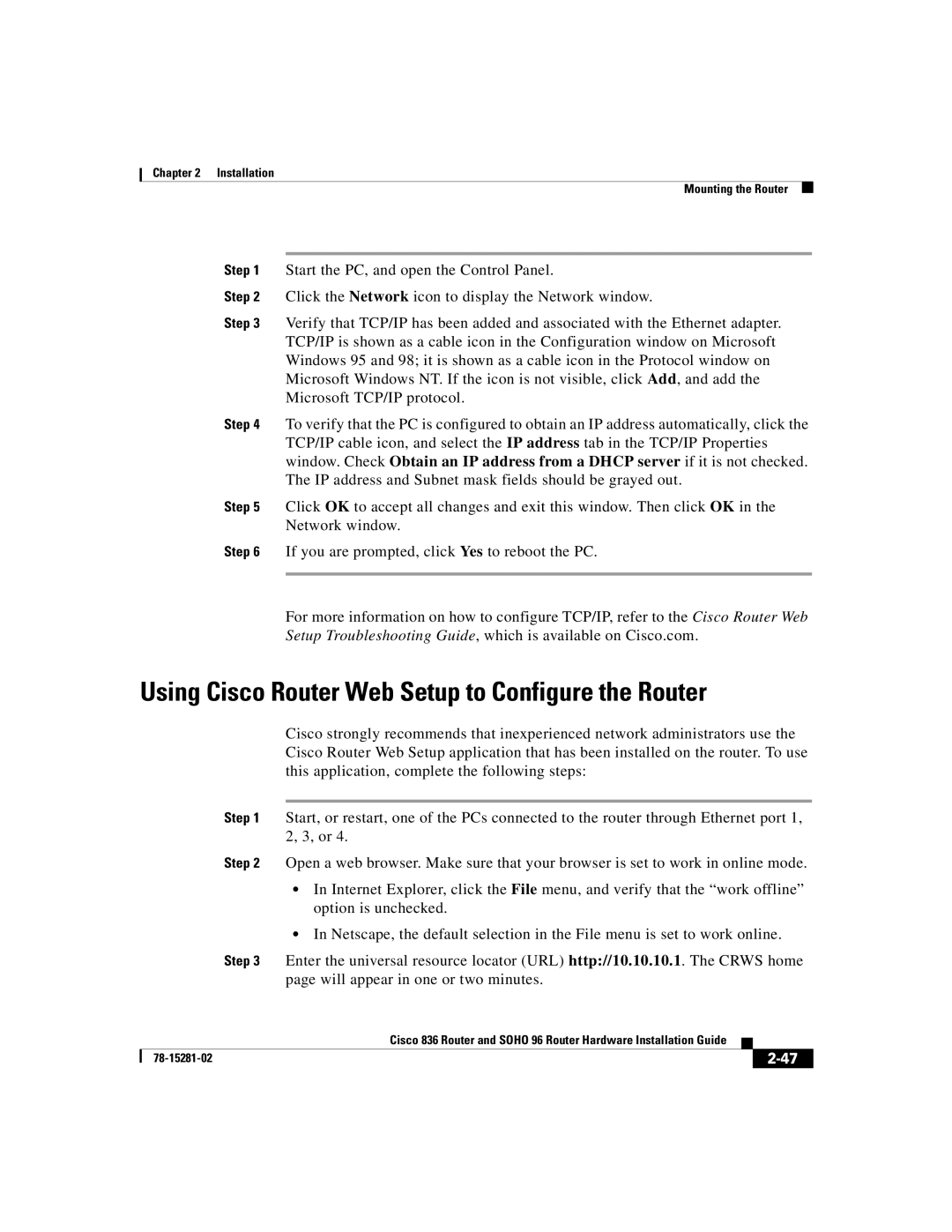 Cisco Systems 96 manual Using Cisco Router Web Setup to Configure the Router 