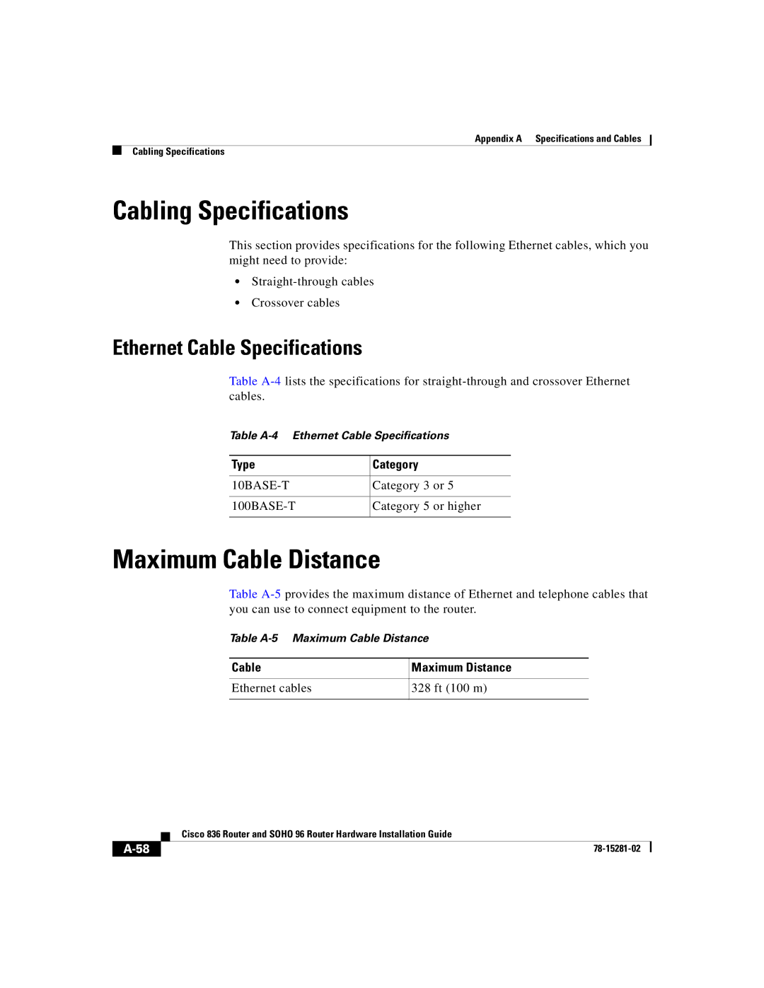 Cisco Systems 96 manual Cabling Specifications, Maximum Cable Distance, Ethernet Cable Specifications, Type Category 