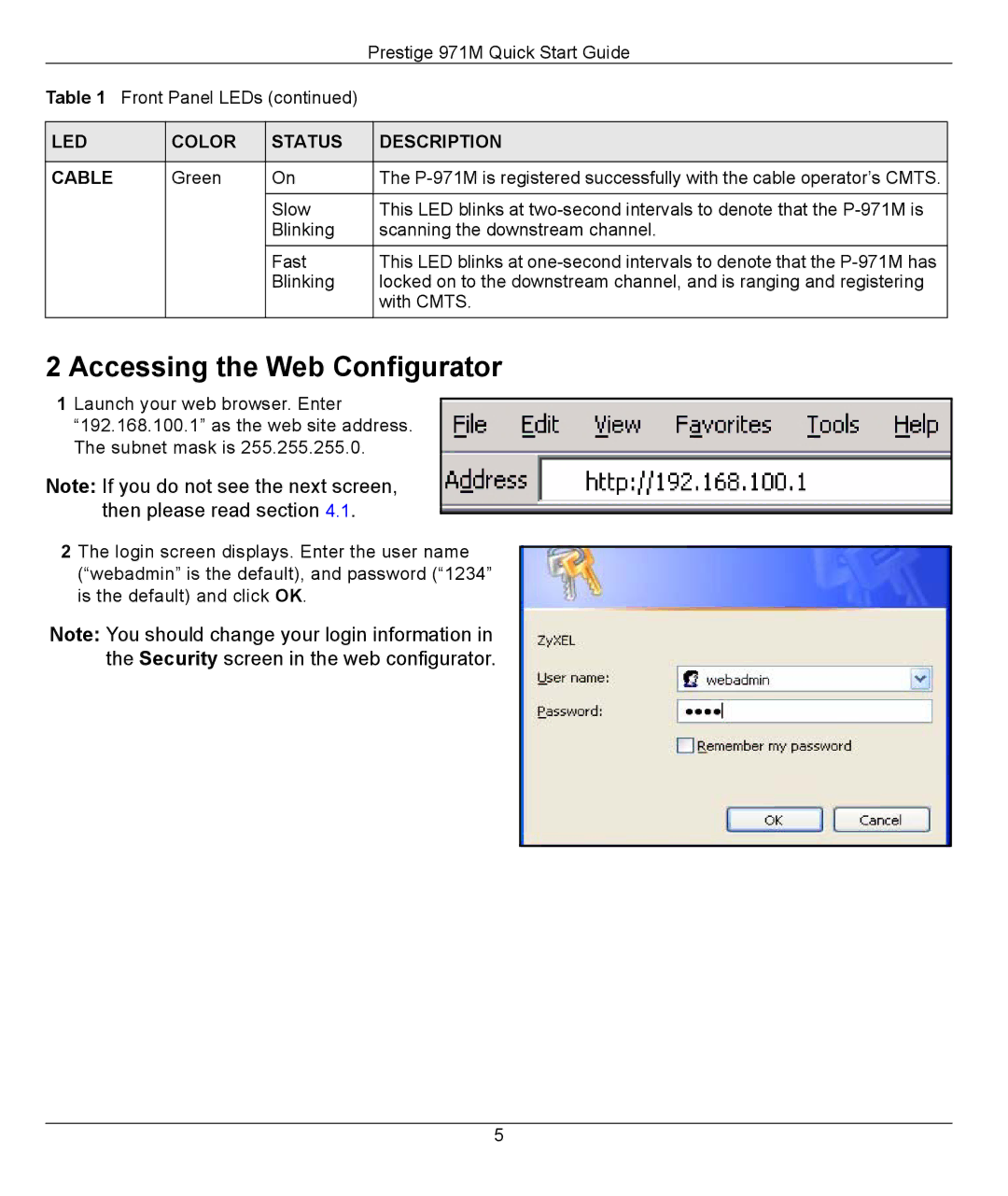 Cisco Systems 971M quick start Accessing the Web Configurator, LED Color Status Description Cable 