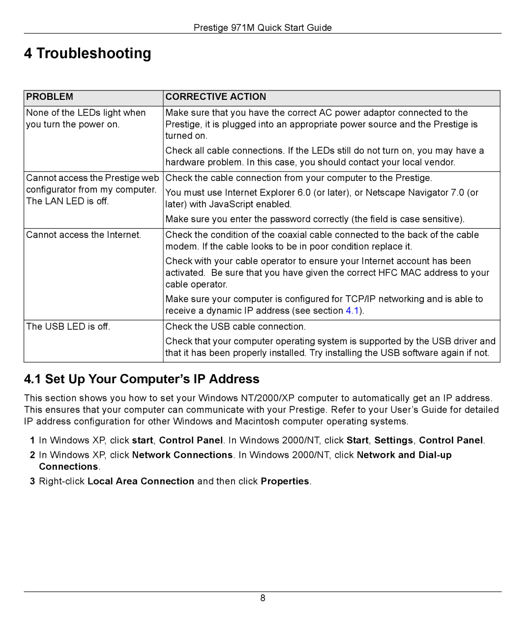 Cisco Systems 971M quick start Troubleshooting, Set Up Your Computer’s IP Address, Problem Corrective Action 