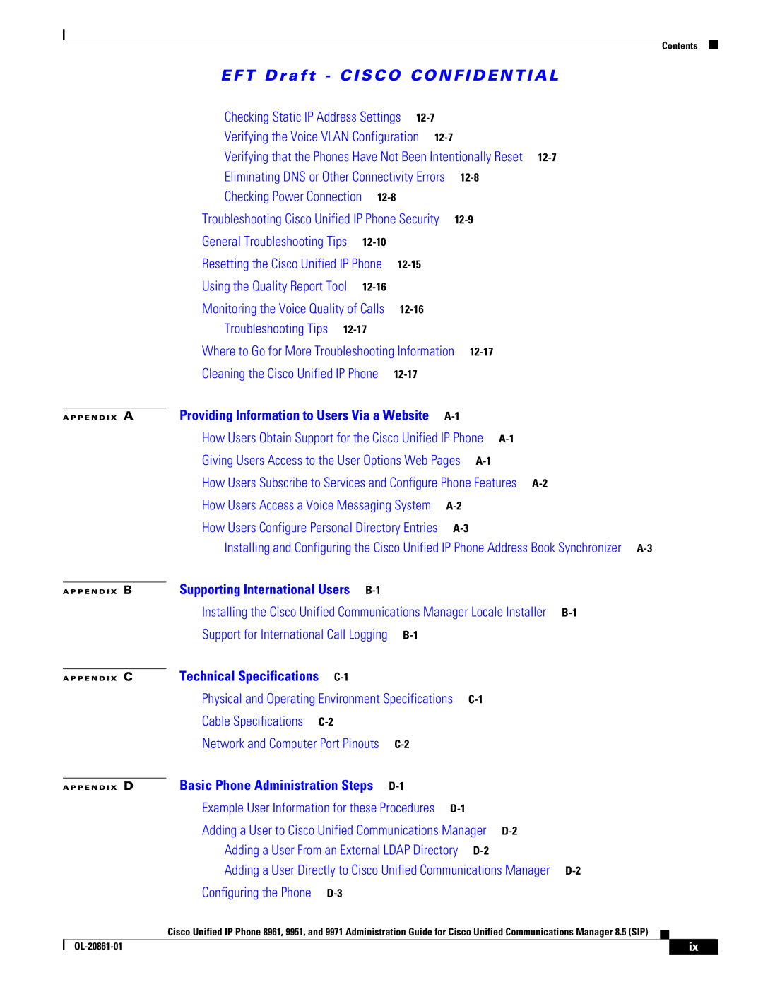 Cisco Systems 9971 E-1 manual Technical Specifications, Cable Specifications, Basic Phone Administration Steps 