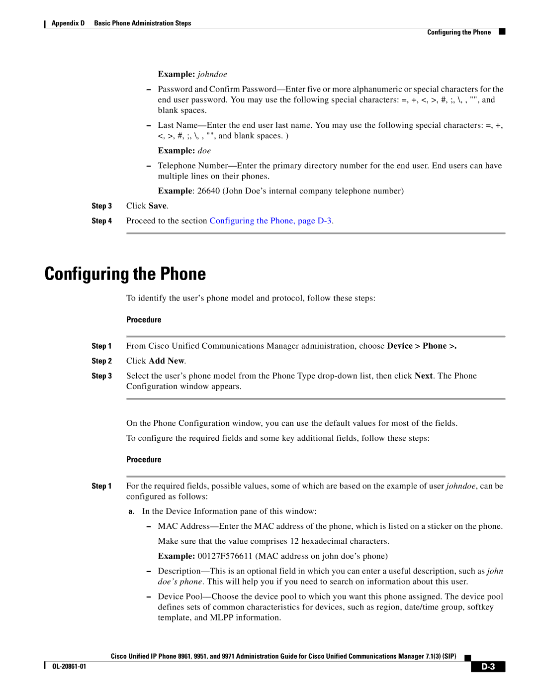 Cisco Systems 9971 appendix Configuring the Phone, Example johndoe, Example doe 