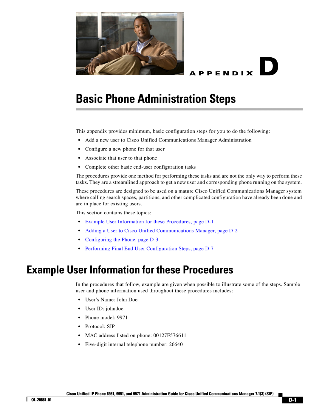 Cisco Systems 9971 appendix Example User Information for these Procedures, Configuring the Phone, page D-3 