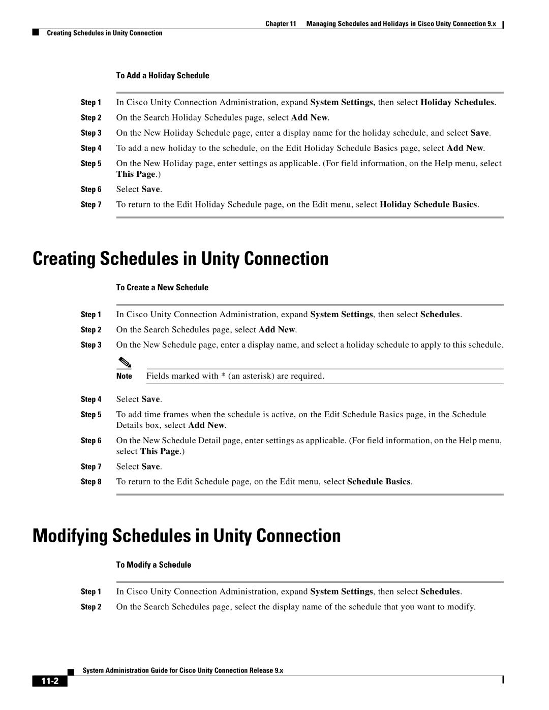 Cisco Systems 9.x manual Creating Schedules in Unity Connection, Modifying Schedules in Unity Connection, 11-2 