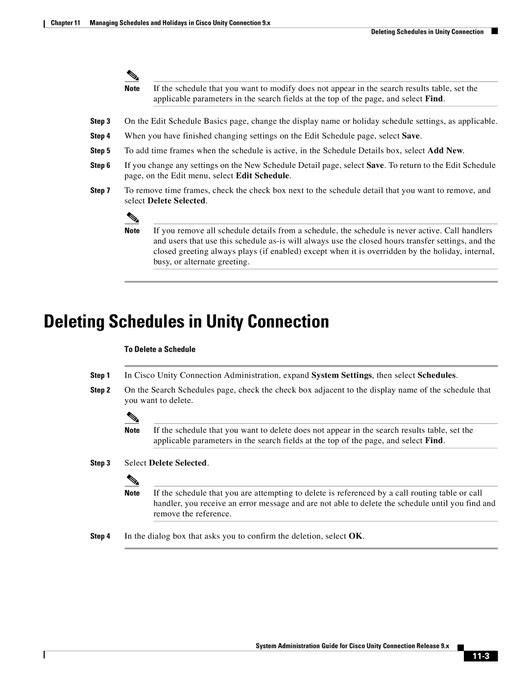 Cisco Systems 9.x manual Deleting Schedules in Unity Connection, To Delete a Schedule, 11-3 