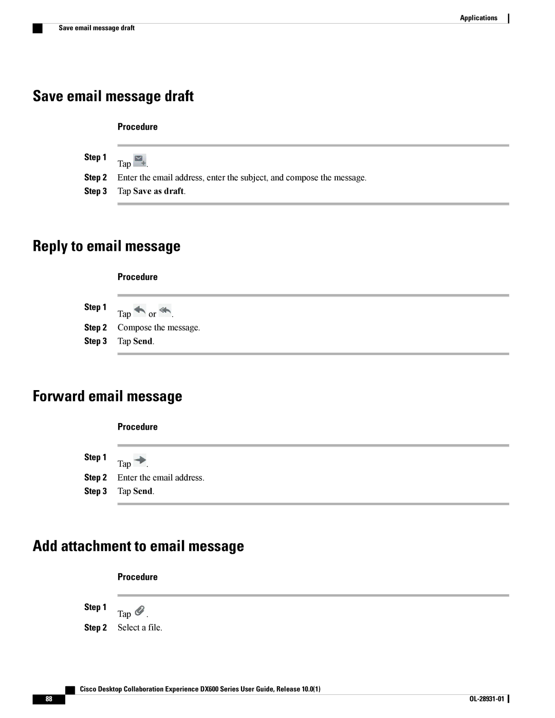 Cisco Systems A03D600GA2 manual Save email message draft, Reply to email message, Forward email message, Tap Save as draft 