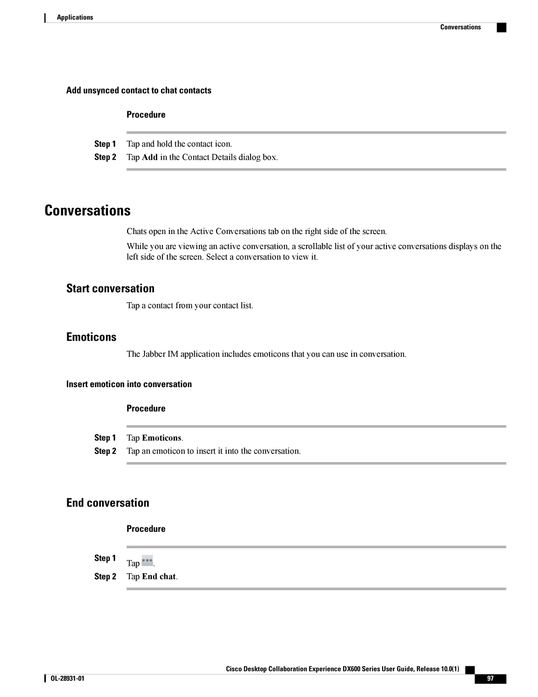 Cisco Systems CPDX650K9, A03D600GA2 manual Conversations, Start conversation, Emoticons, End conversation 