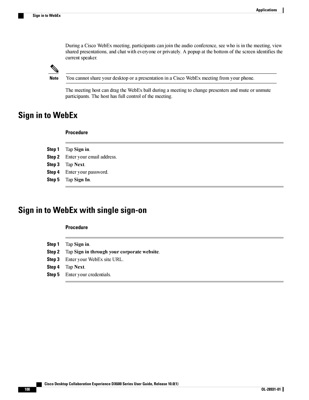 Cisco Systems A03D600GA2 Sign in to WebEx with single sign-on, Tap Next, Tap Sign in through your corporate website 