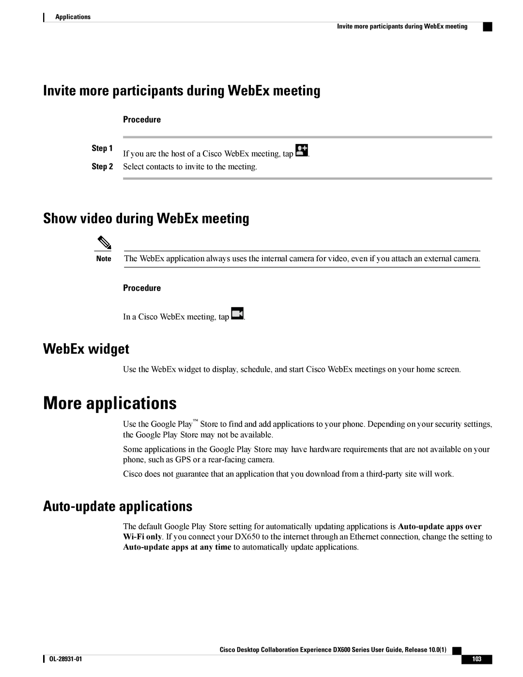 Cisco Systems CPDX650K9 More applications, Invite more participants during WebEx meeting, Show video during WebEx meeting 