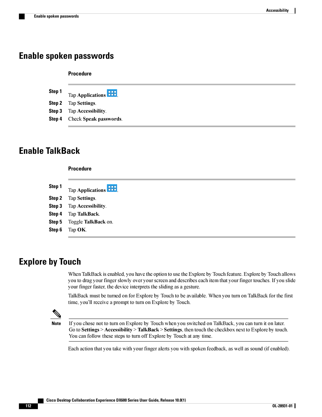 Cisco Systems A03D600GA2, CPDX650K9 manual Enable spoken passwords, Enable TalkBack, Explore by Touch 