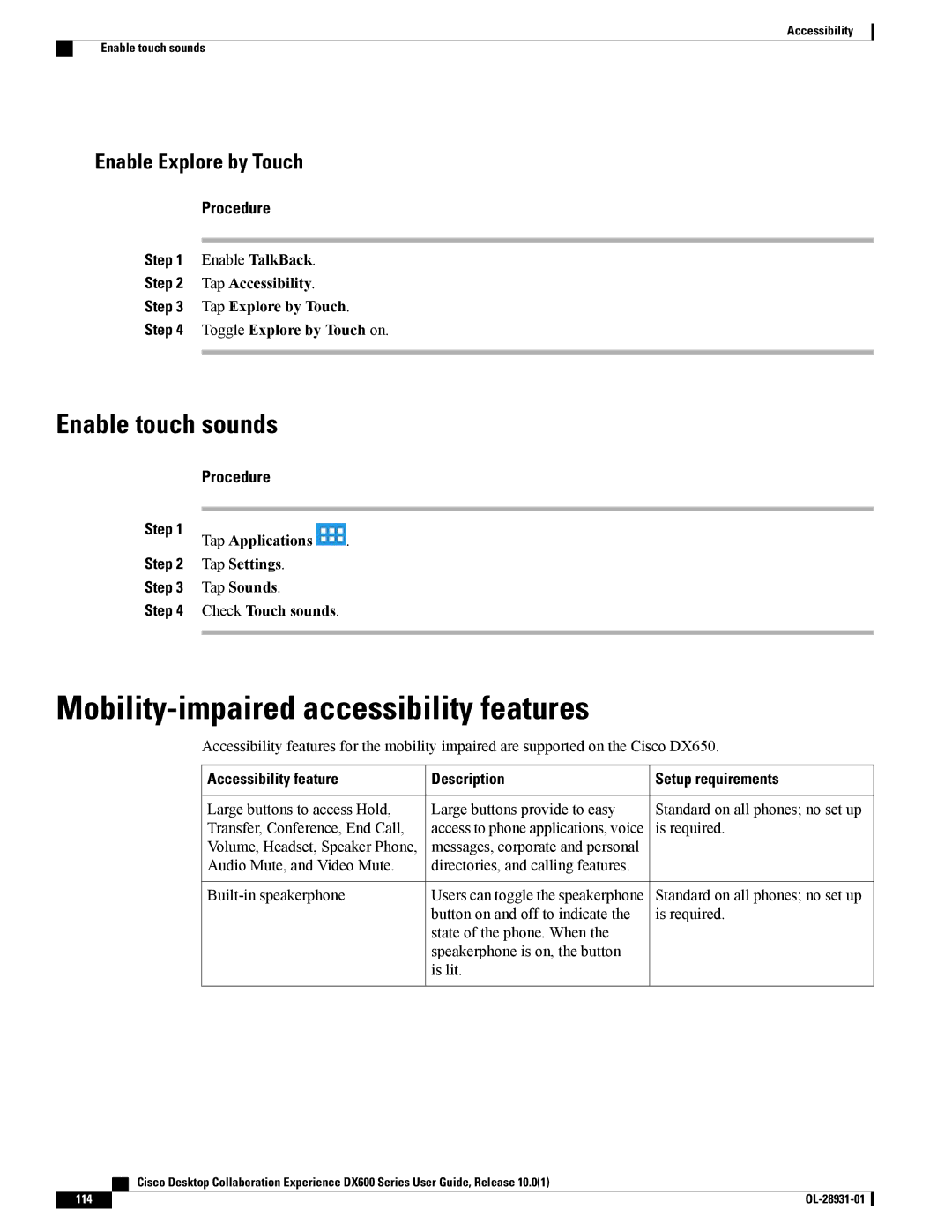 Cisco Systems A03D600GA2, CPDX650K9 Mobility-impaired accessibility features, Enable touch sounds, Enable Explore by Touch 