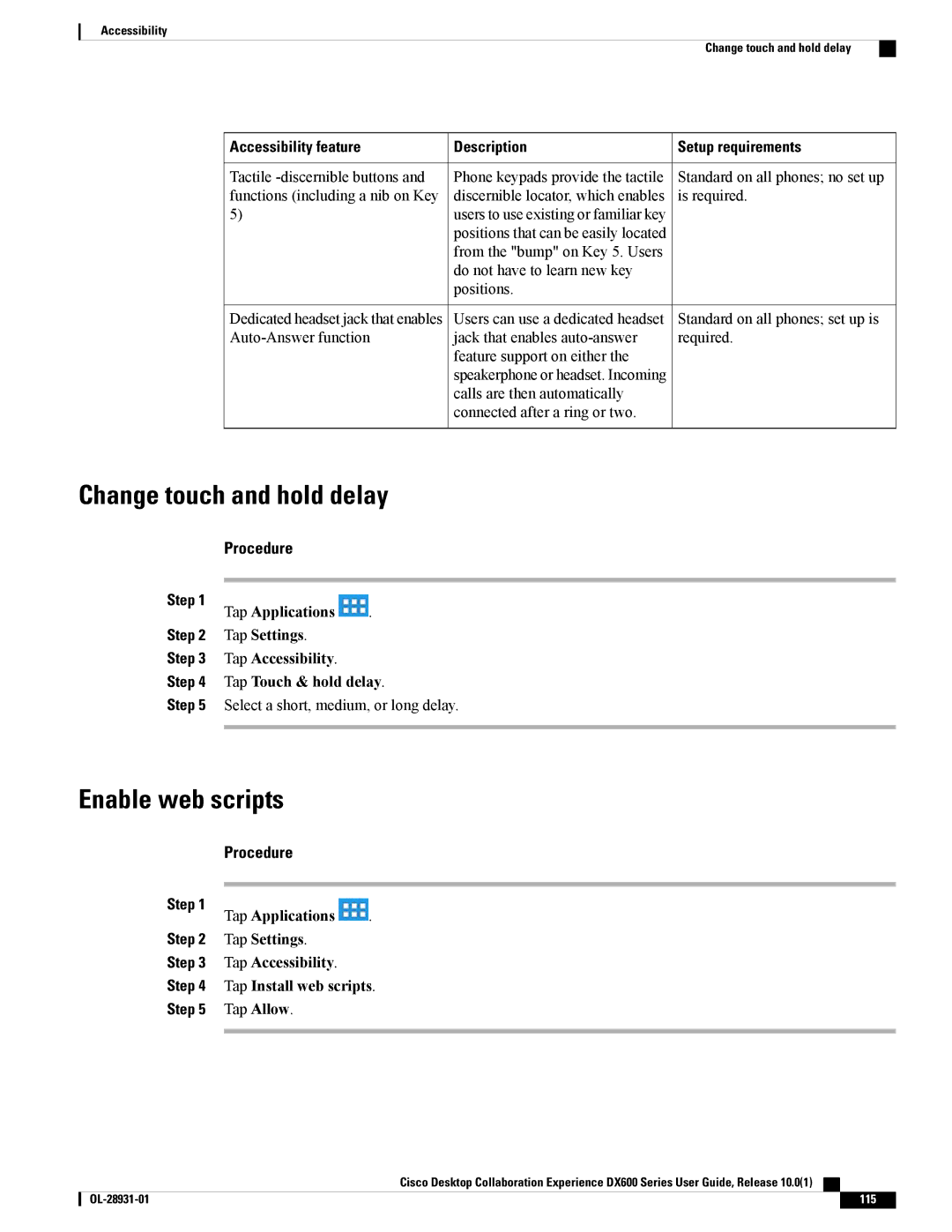 Cisco Systems CPDX650K9, A03D600GA2 manual Change touch and hold delay, Enable web scripts, Tap Allow 