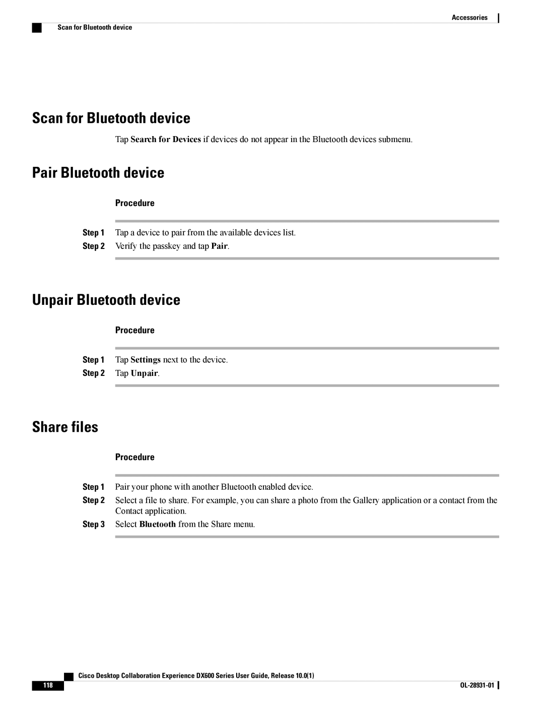 Cisco Systems A03D600GA2, CPDX650K9 Scan for Bluetooth device, Pair Bluetooth device, Unpair Bluetooth device, Share files 