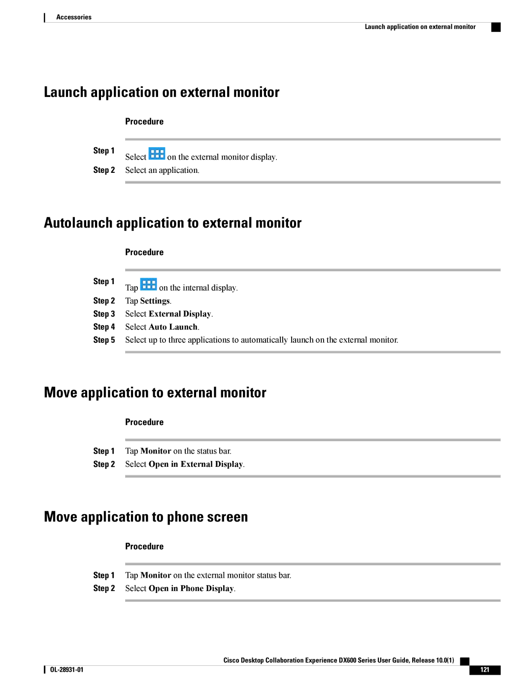 Cisco Systems CPDX650K9, A03D600GA2 Launch application on external monitor, Autolaunch application to external monitor 