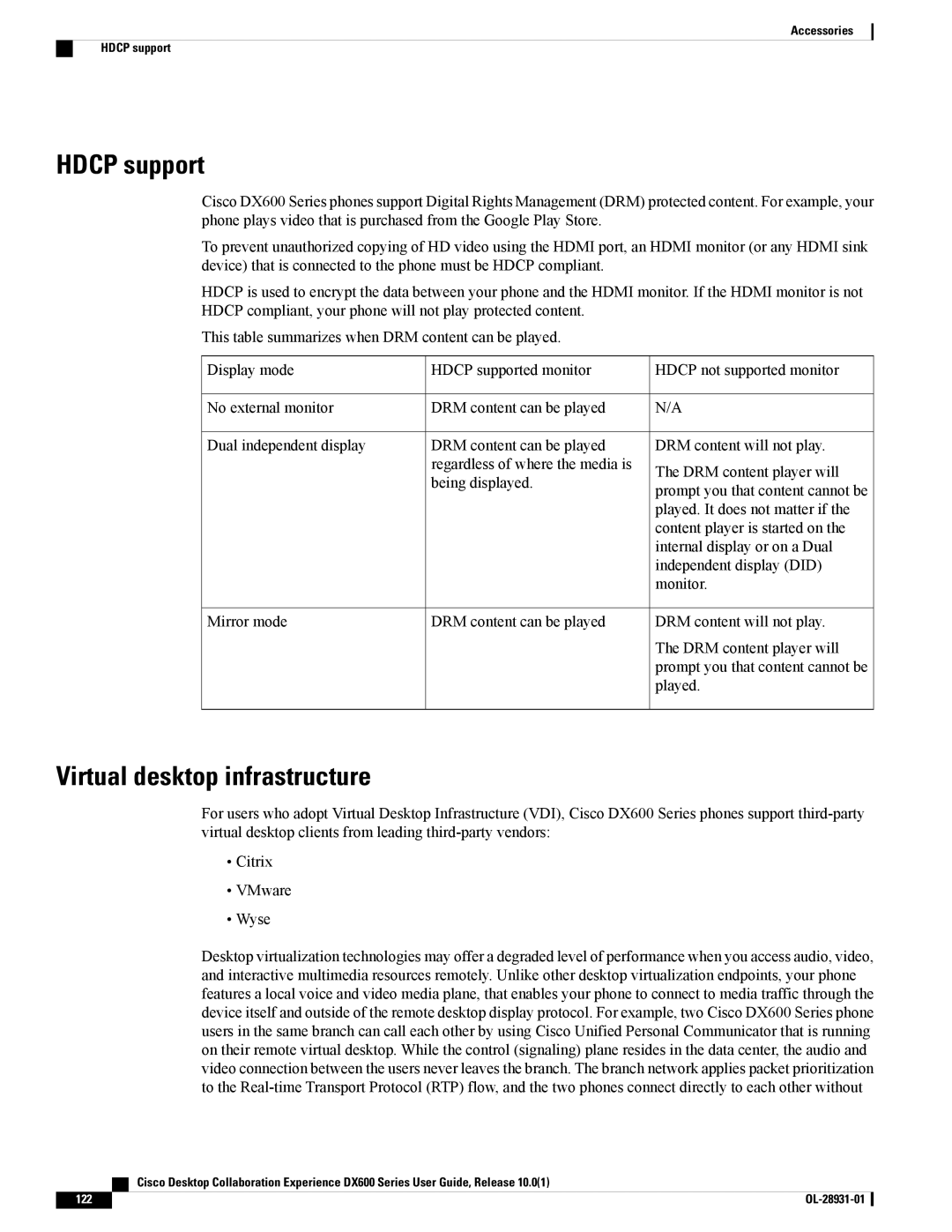 Cisco Systems A03D600GA2, CPDX650K9 manual Hdcp support, Virtual desktop infrastructure 