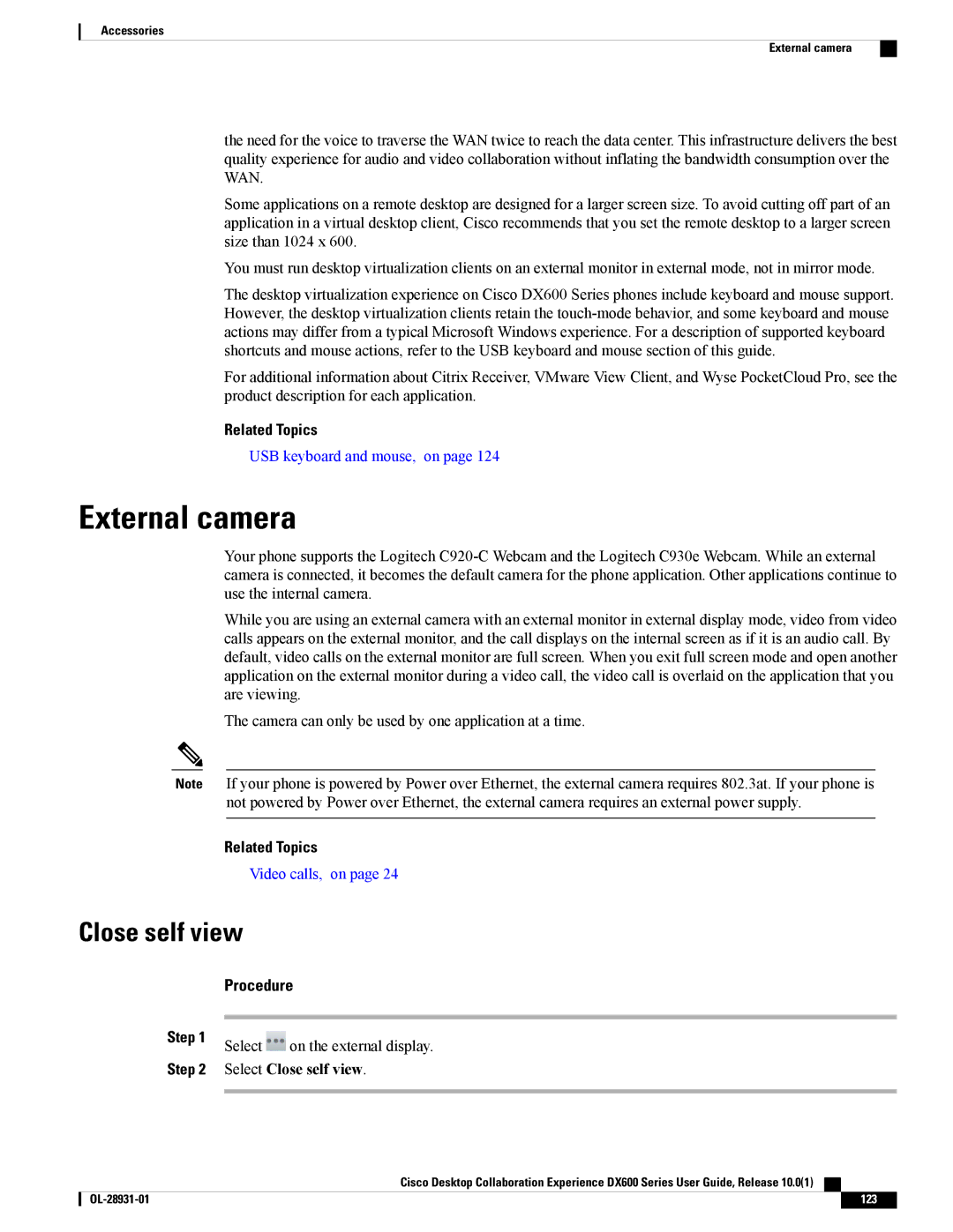 Cisco Systems CPDX650K9, A03D600GA2 manual External camera, Select On the external display, Select Close self view 