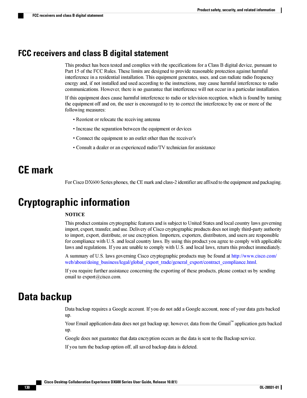 Cisco Systems A03D600GA2 CE mark, Cryptographic information, Data backup, FCC receivers and class B digital statement 