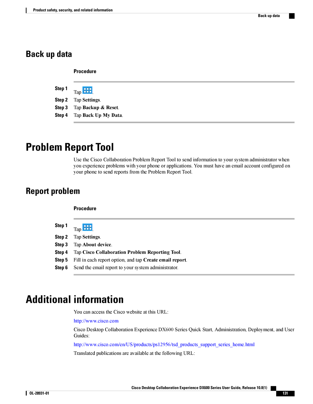 Cisco Systems CPDX650K9, A03D600GA2 manual Problem Report Tool, Additional information, Back up data, Report problem 