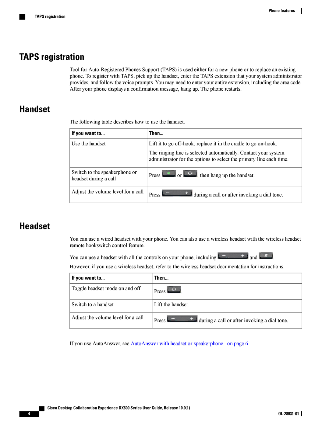 Cisco Systems A03D600GA2, CPDX650K9 Taps registration, Handset, Headset, Following table describes how to use the handset 