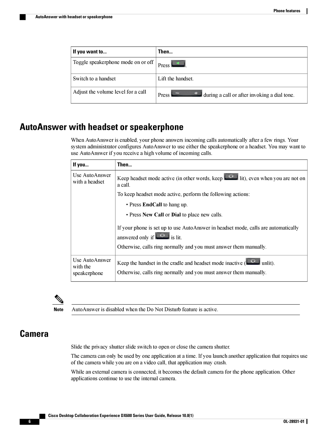 Cisco Systems A03D600GA2, CPDX650K9 manual AutoAnswer with headset or speakerphone, Camera, If you 