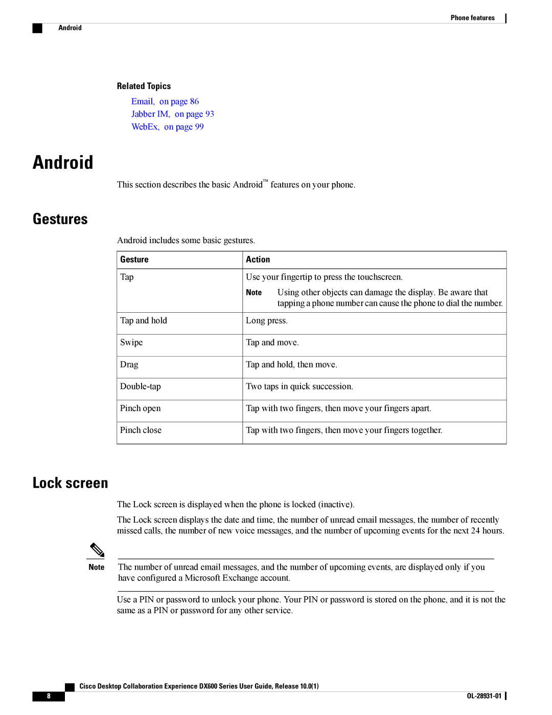 Cisco Systems A03D600GA2, CPDX650K9 manual Gestures, Lock screen, Android includes some basic gestures, Gesture Action 