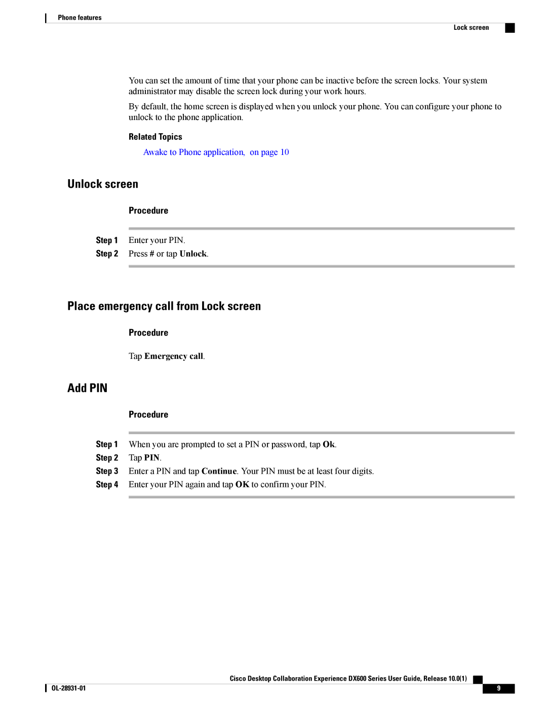 Cisco Systems CPDX650K9 manual Unlock screen, Place emergency call from Lock screen, Add PIN, Tap Emergency call, Tap PIN 