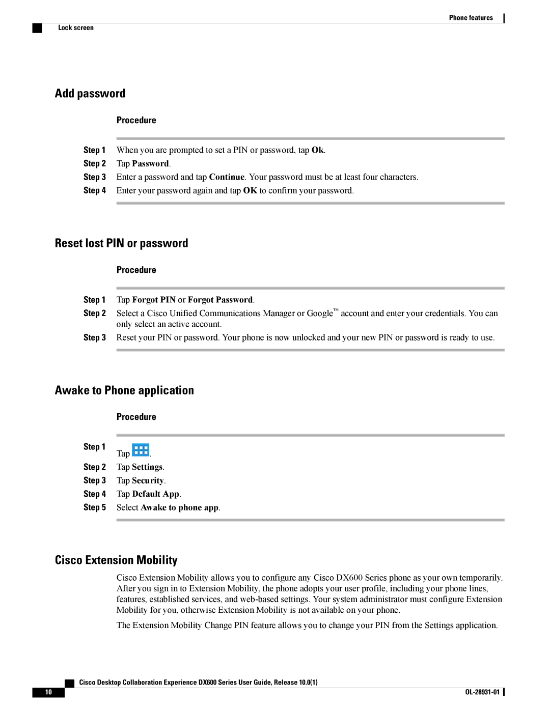 Cisco Systems A03D600GA2 Add password, Reset lost PIN or password, Awake to Phone application, Cisco Extension Mobility 