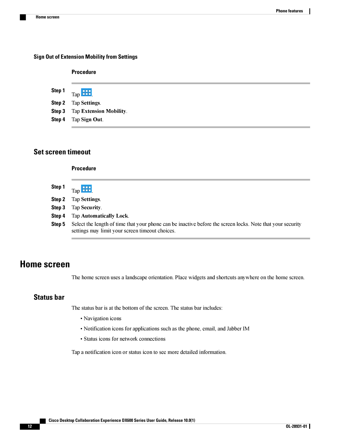 Cisco Systems A03D600GA2 Home screen, Set screen timeout, Status bar, Tap Settings Tap Extension Mobility Tap Sign Out 