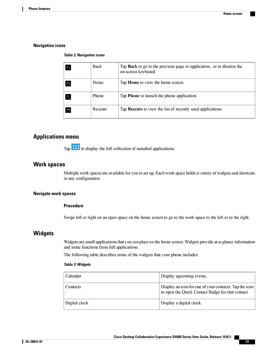 Cisco Systems CPDX650K9, A03D600GA2 manual Applications menu, Work spaces, Widgets 