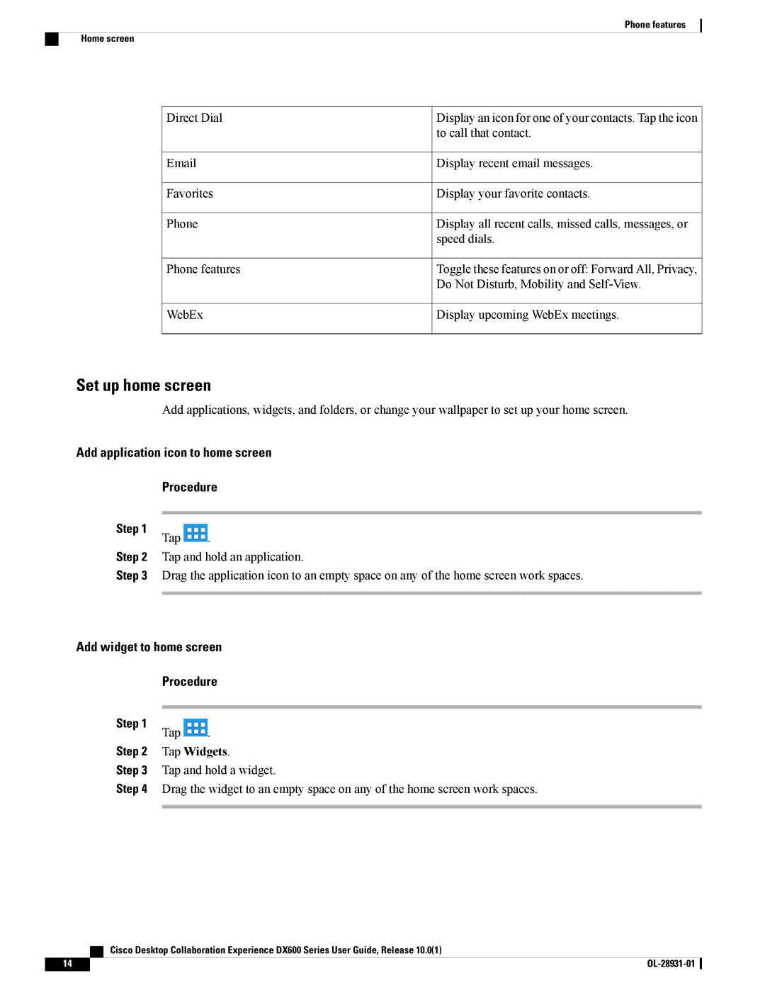 Cisco Systems A03D600GA2, CPDX650K9 manual Set up home screen, Tap Widgets 