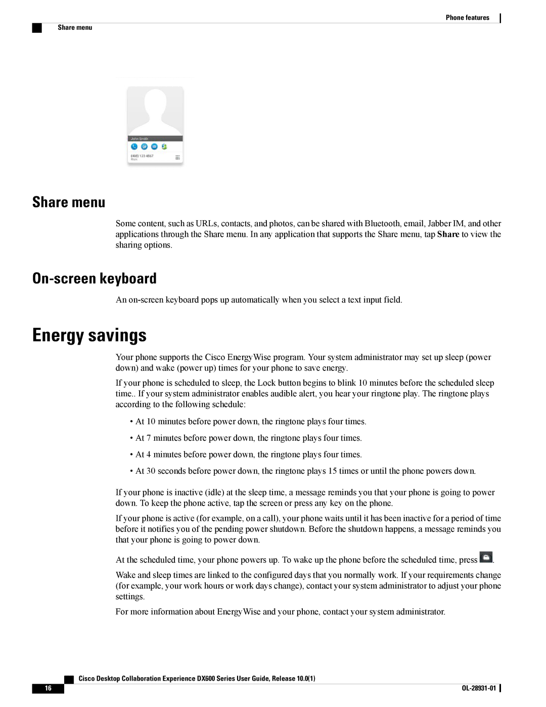 Cisco Systems A03D600GA2, CPDX650K9 manual Energy savings, Share menu, On-screen keyboard 