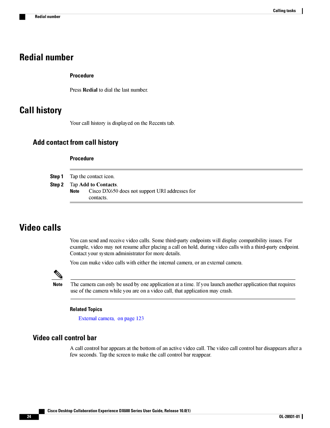 Cisco Systems A03D600GA2 Redial number, Call history, Video calls, Add contact from call history, Video call control bar 