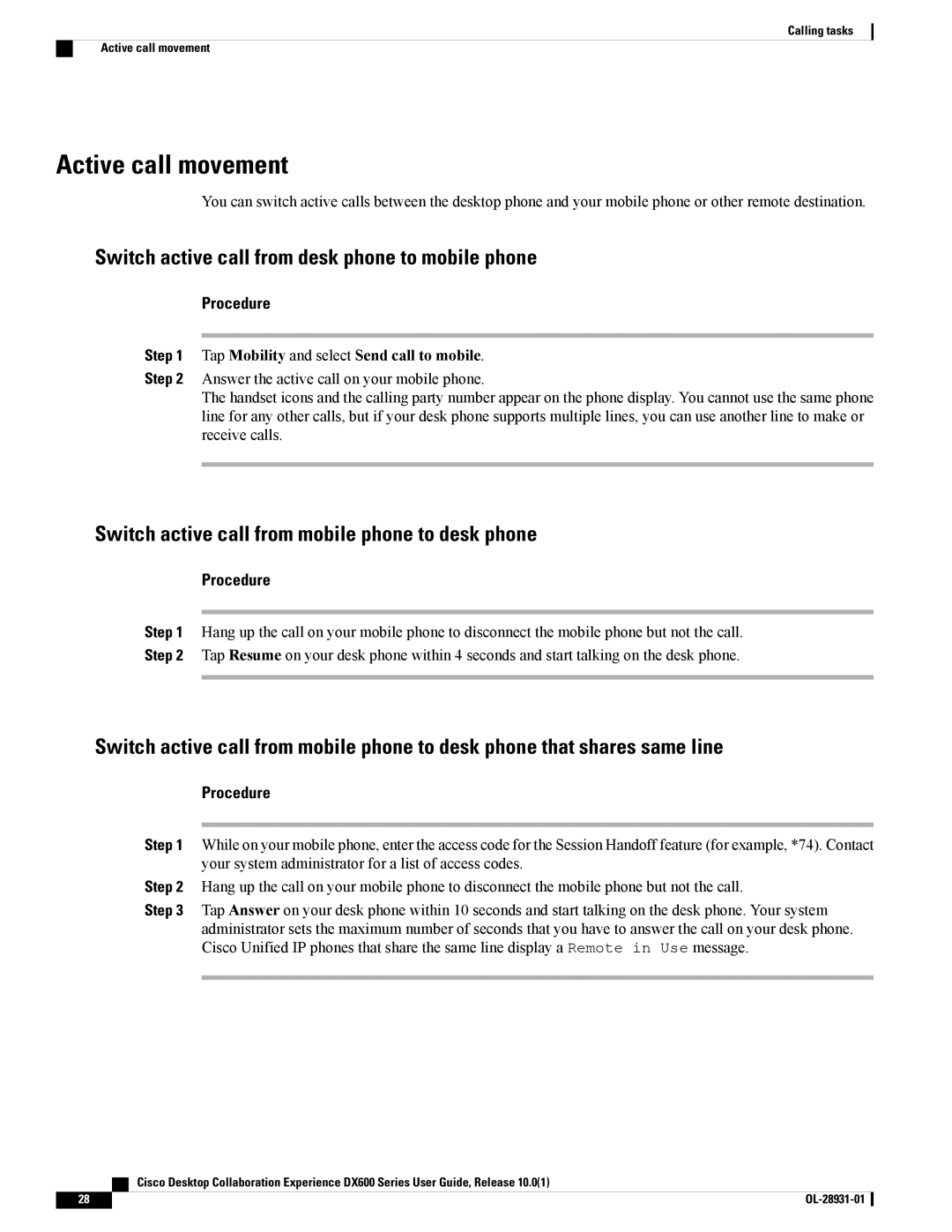 Cisco Systems A03D600GA2, CPDX650K9 manual Active call movement, Switch active call from desk phone to mobile phone 