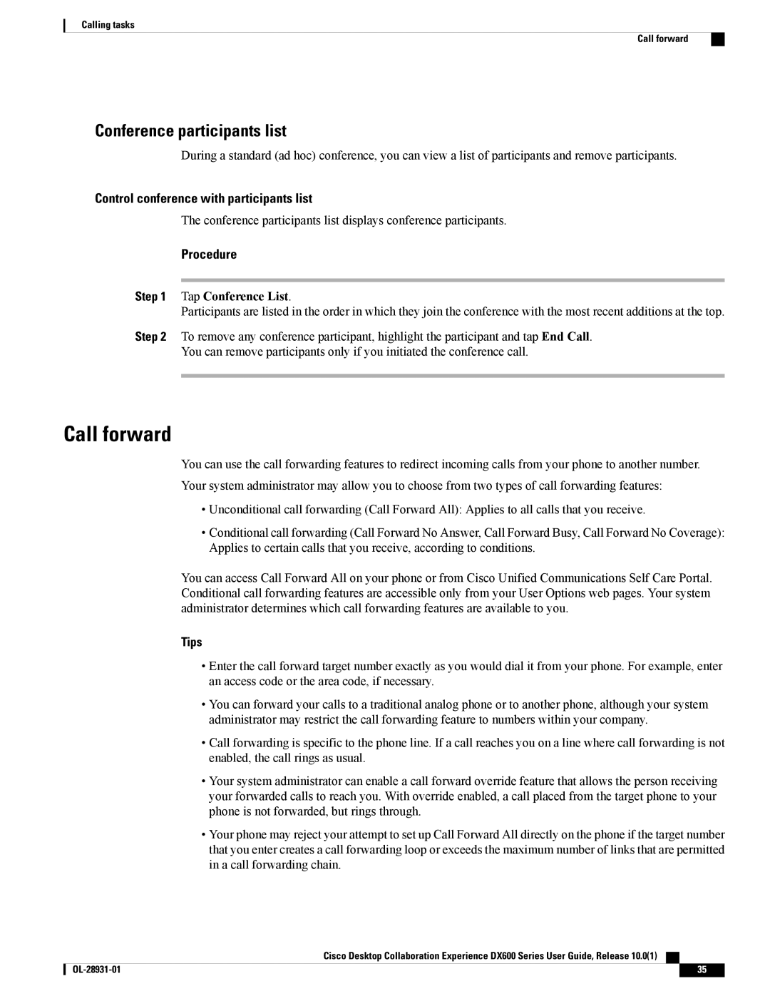 Cisco Systems CPDX650K9, A03D600GA2 manual Call forward, Conference participants list, Tap Conference List 