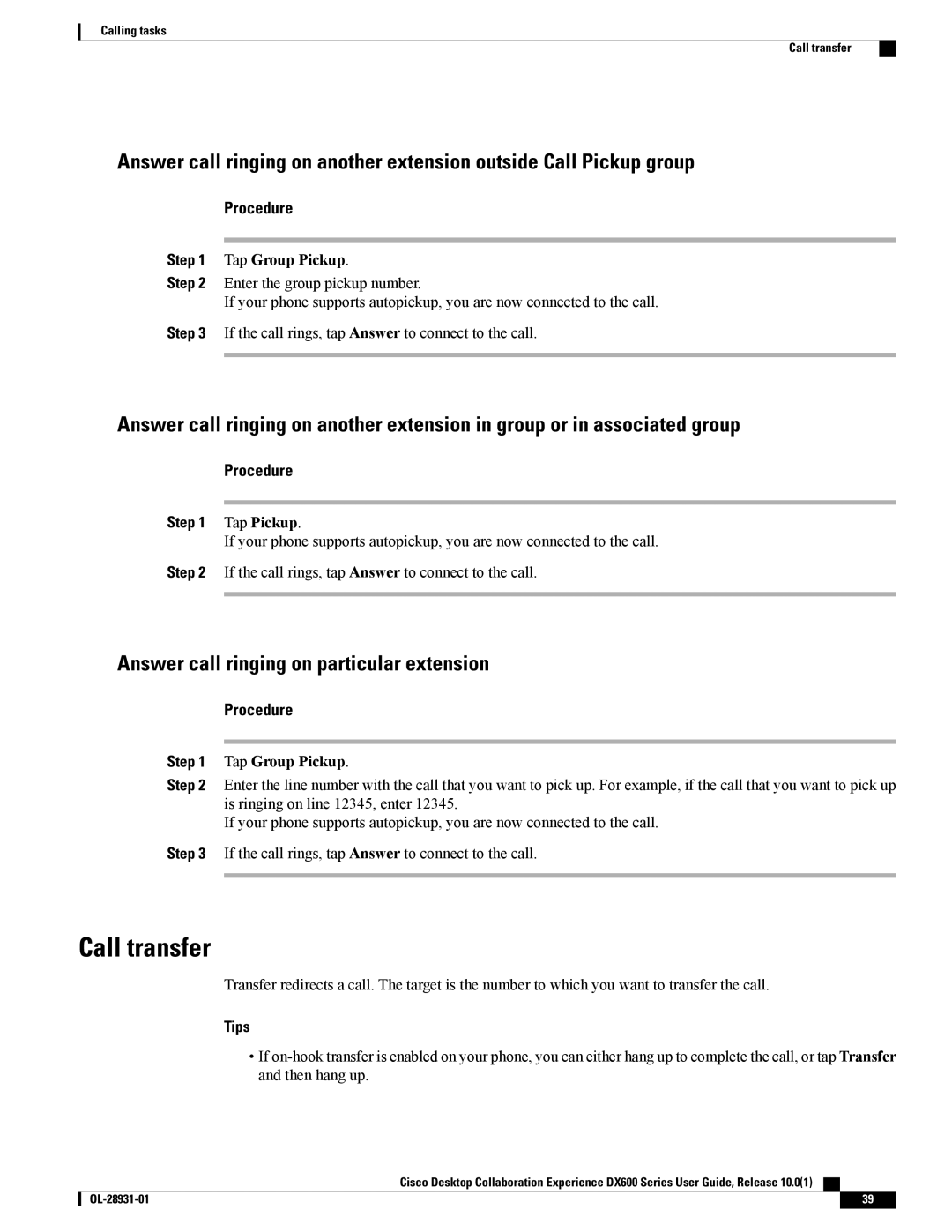 Cisco Systems CPDX650K9, A03D600GA2 manual Call transfer, Answer call ringing on particular extension, Tap Group Pickup 