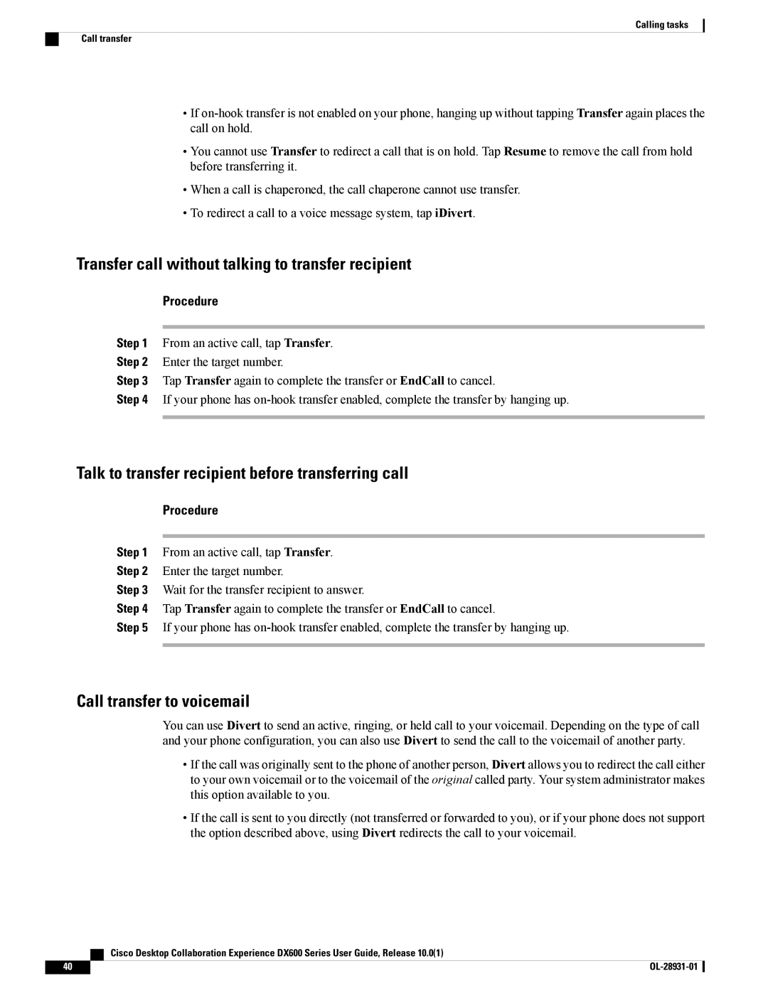 Cisco Systems A03D600GA2, CPDX650K9 manual Transfer call without talking to transfer recipient, Call transfer to voicemail 