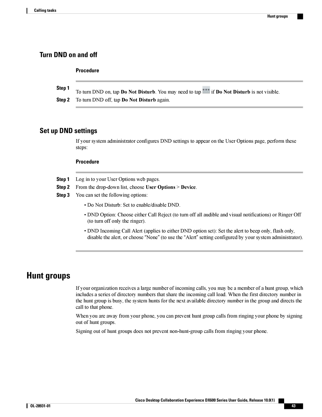 Cisco Systems CPDX650K9 Hunt groups, Turn DND on and off, Set up DND settings, To turn DND off, tap Do Not Disturb again 