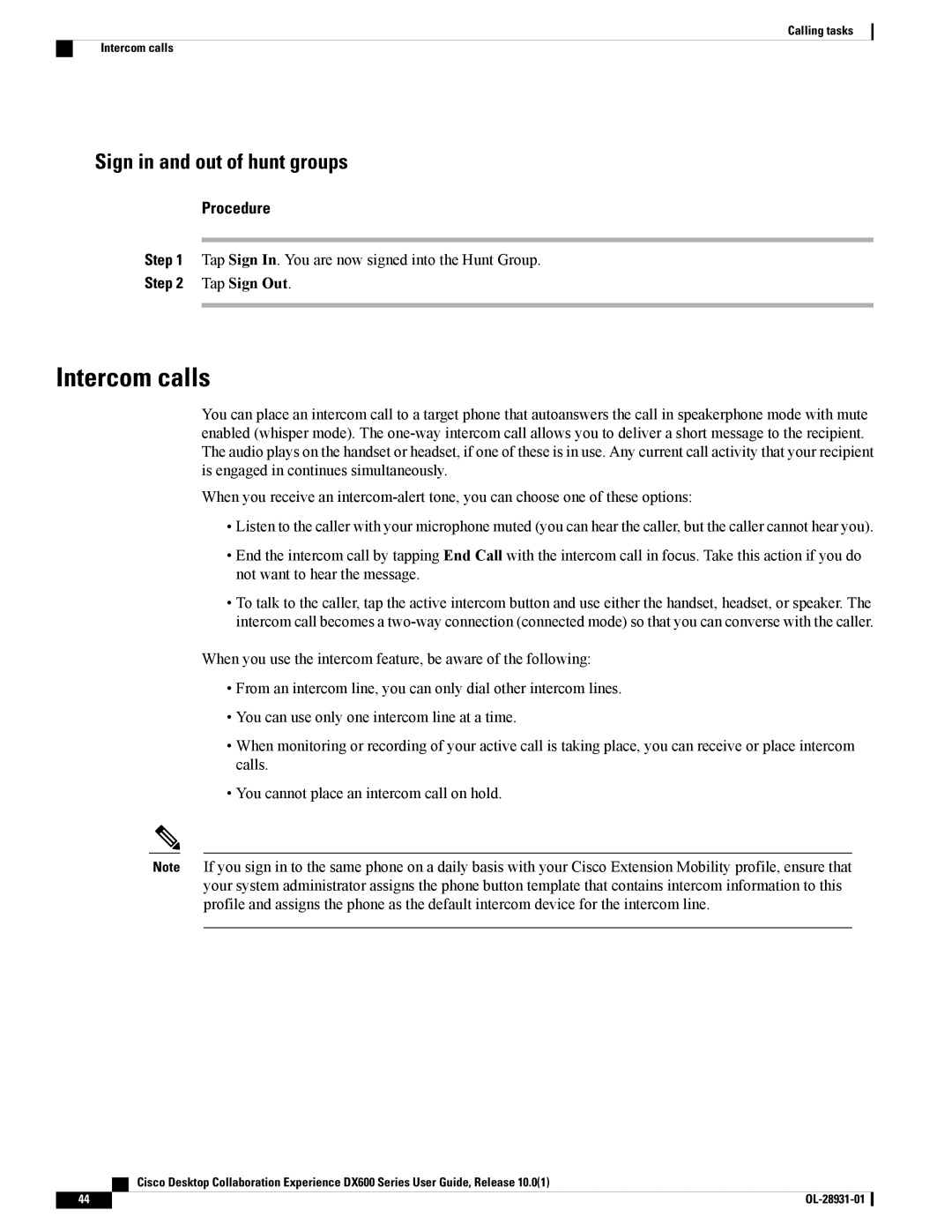 Cisco Systems A03D600GA2, CPDX650K9 manual Intercom calls, Sign in and out of hunt groups 