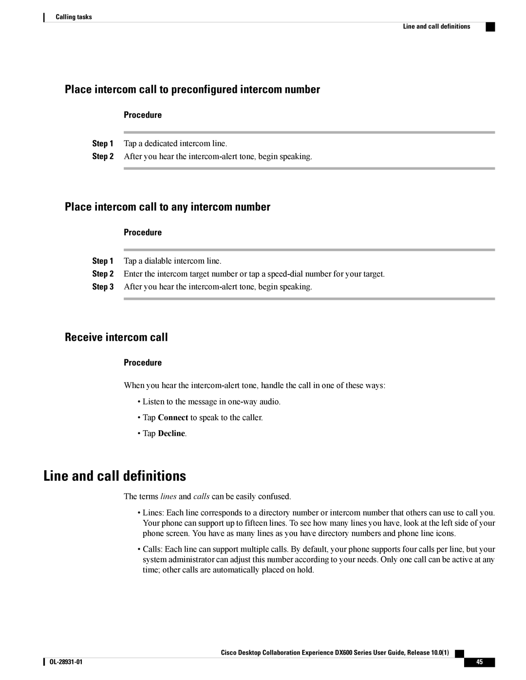 Cisco Systems CPDX650K9 manual Line and call definitions, Place intercom call to preconfigured intercom number, Tap Decline 