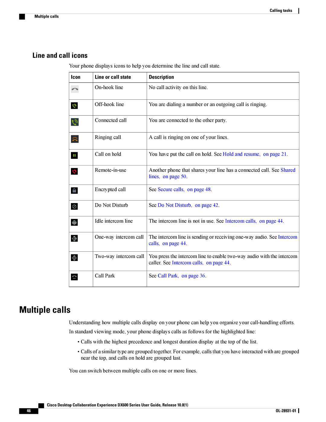 Cisco Systems A03D600GA2, CPDX650K9 manual Multiple calls, Line and call icons, Icon Line or call state Description 