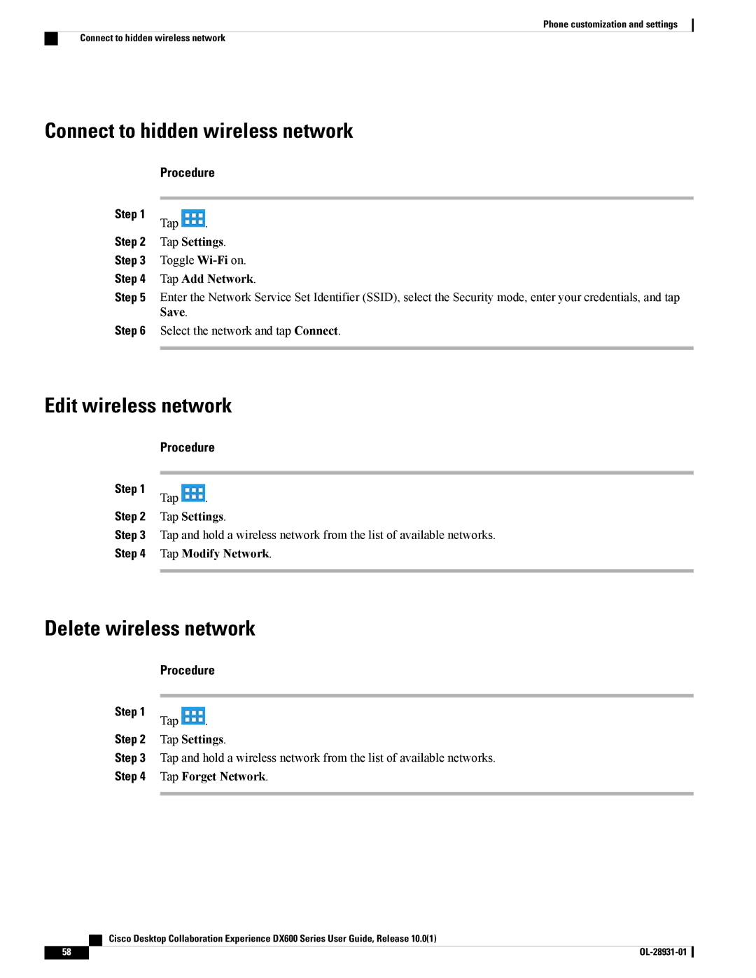 Cisco Systems A03D600GA2, CPDX650K9 Connect to hidden wireless network, Edit wireless network, Delete wireless network 