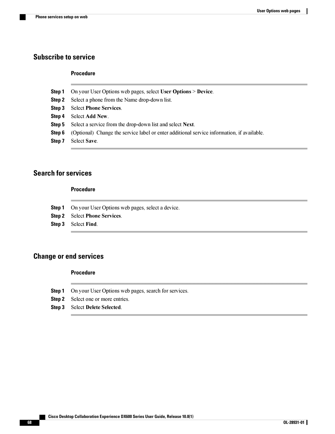 Cisco Systems A03D600GA2 manual Subscribe to service, Search for services, Change or end services, Select Phone Services 