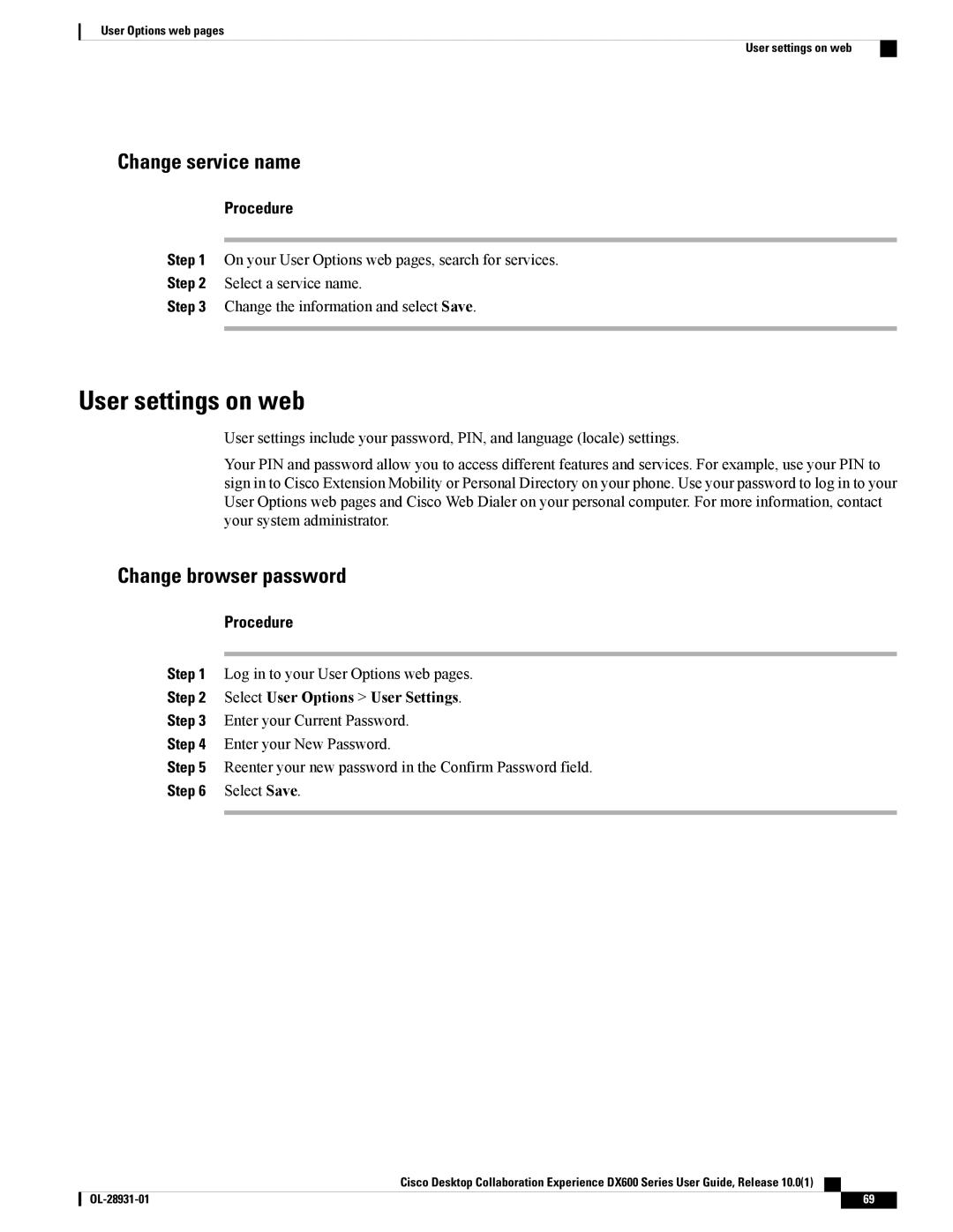 Cisco Systems CPDX650K9, A03D600GA2 manual User settings on web, Change service name, Change browser password 