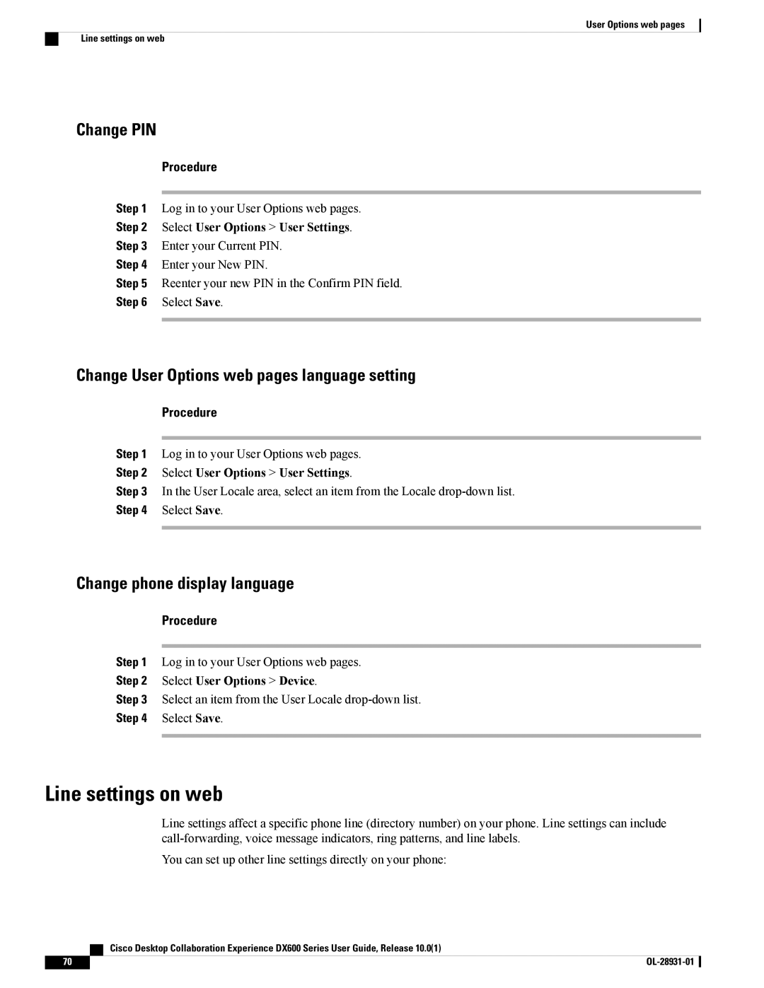 Cisco Systems A03D600GA2, CPDX650K9 manual Line settings on web, Change PIN, Change User Options web pages language setting 