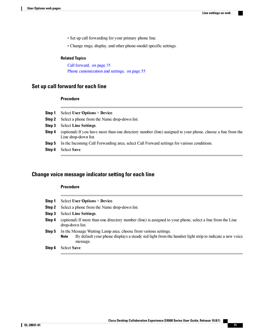 Cisco Systems CPDX650K9 manual Set up call forward for each line, Change voice message indicator setting for each line 