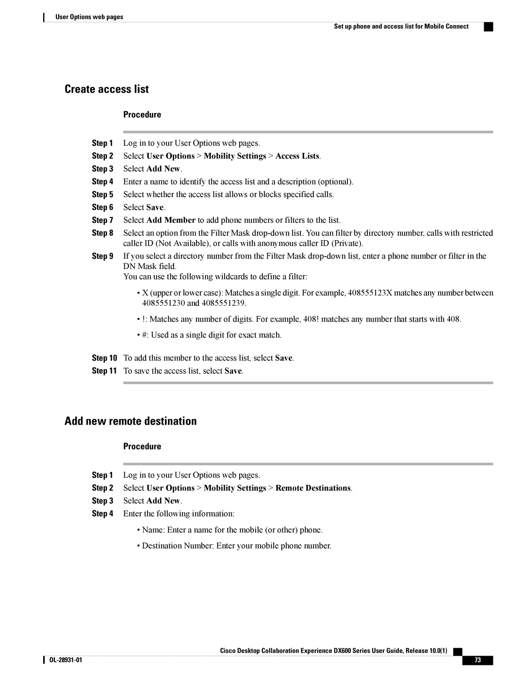 Cisco Systems CPDX650K9 Create access list, Add new remote destination, Select User Options Mobility Settings Access Lists 